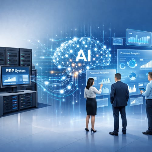 A modern digital illustration showing artificial intelligence augmenting an existing enterprise ERP system in a midsized company On the left side a tr