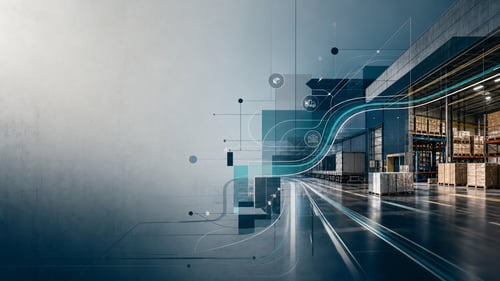Industrial Warehouse with Abstract Geometric Layers and Data Streams
